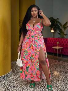 Veslaya Plus Size Tropical Plant Printed High Slit Vacation Spaghetti Strap Dress - Multicolor - View 1