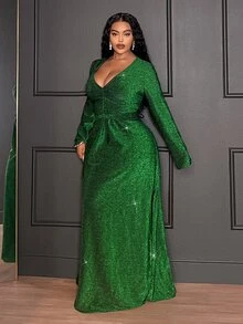 Veslaya Plus Size Women's Solid Color Shiny Deep V-Neck Long Sleeve Ruched Sexy Fashion Dress - Green - View 3