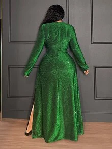 Veslaya Plus Size Women's Solid Color Shiny Deep V-Neck Long Sleeve Ruched Sexy Fashion Dress - Green - View 2