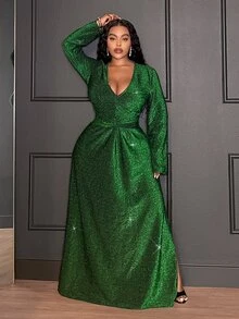 Veslaya Plus Size Women's Solid Color Shiny Deep V-Neck Long Sleeve Ruched Sexy Fashion Dress - Green - View 5