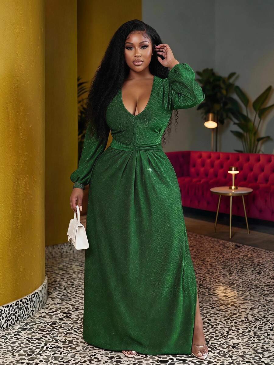 Veslaya Plus Size Women's Solid Color Shiny Deep V-Neck Long Sleeve Ruched Sexy Fashion Dress - Green - View 1