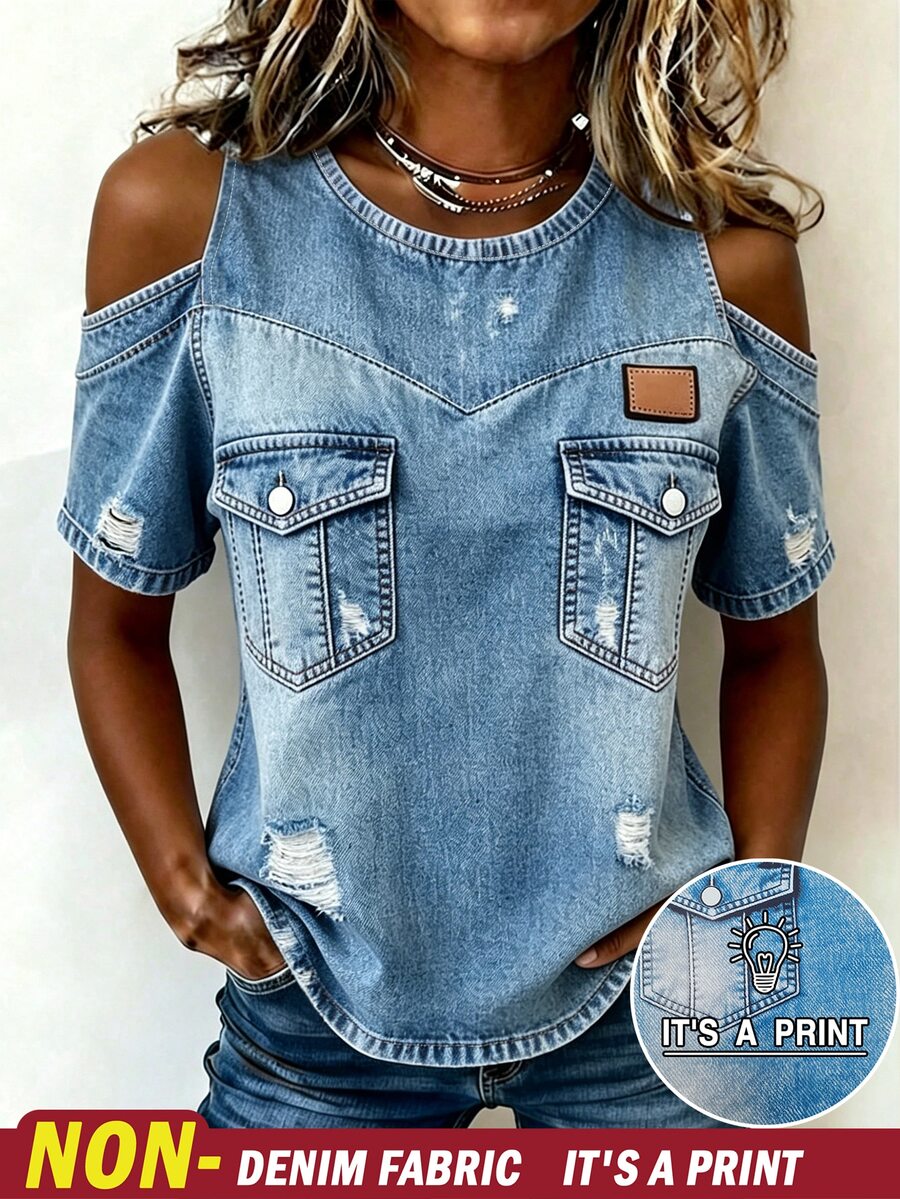EMERY ROSE [Denim Effect] 新款牛仔效果露肩休閒性感百搭女款常規上衣 海軍藍 夏季日常穿搭