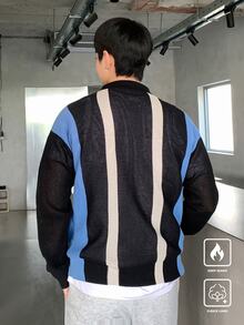 Manfinity LEGND 男士条纹长袖单排扣休闲开衫，秋冬 - 彩色 - 查看 2