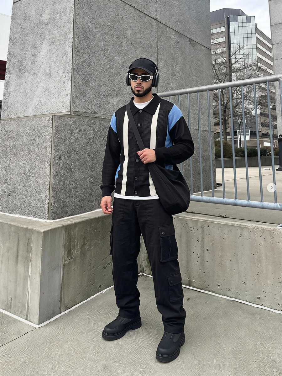 Manfinity LEGND 男士条纹长袖单排扣休闲开衫,秋冬 - 彩色 - 查看 1