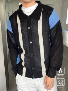 Manfinity LEGND 男士条纹长袖单排扣休闲开衫，秋冬 - 彩色 - 查看 6