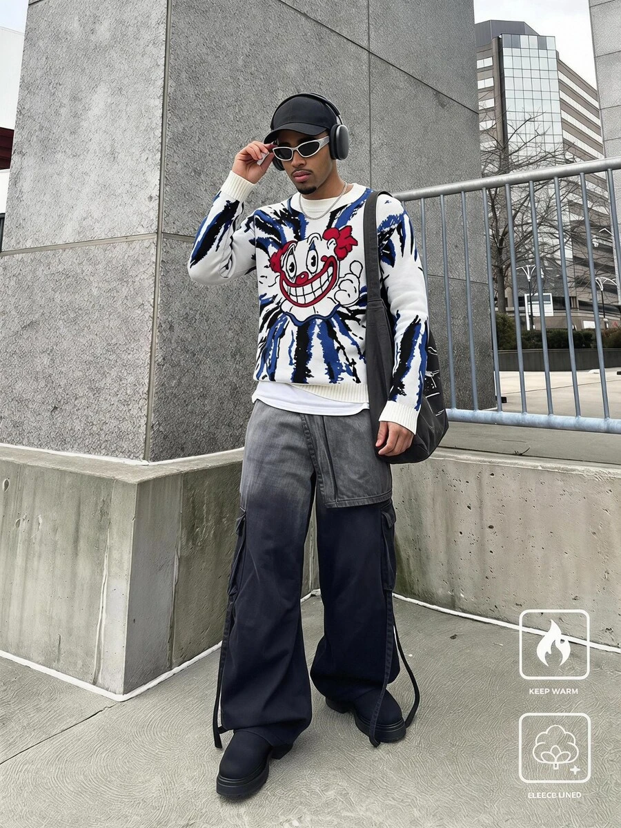 Manfinity LEGND 男士休闲拼色小丑图案针织毛衣,秋冬 - 彩色 - 查看 1