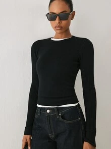 YARNWELL Women's Solid Color Versatile Round Neck Long Sleeve Sweater For Daily Wear, Basic Essential Fall Winter Must Have Layering Knit Top, Minimalist - Black - View 5