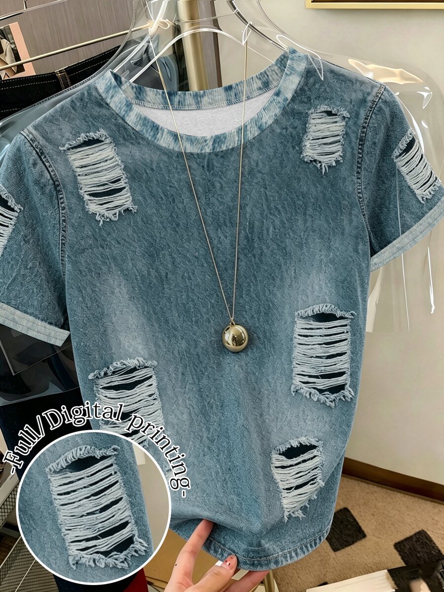 Resyla [Denim Effect] 女款休閒時尚漸層破洞牛仔效果針織短袖T恤 - 白色 - 查看 1