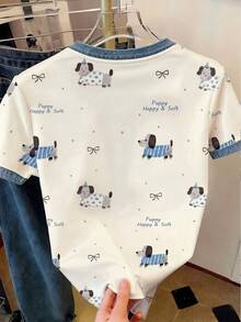 Resyla [Denim Effect] 女款短袖圓領T恤，可愛狗狗蝴蝶結印花，休閒舒適百搭上衣 - 彩色 - 查看 5