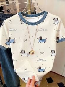 Resyla [Denim Effect] 女款短袖圓領T恤，可愛狗狗蝴蝶結印花，休閒舒適百搭上衣 - 彩色 - 查看 1