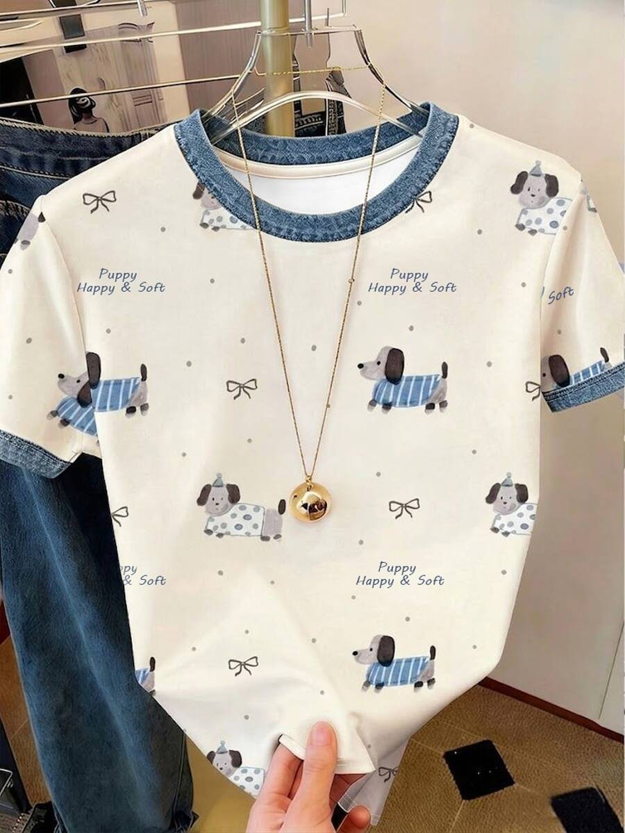 Resyla [Denim Effect] 女款短袖圓領T恤，可愛狗狗蝴蝶結印花，休閒舒適百搭上衣 - 彩色 - 查看 1