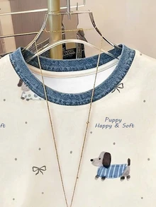 Resyla [Denim Effect] 女款短袖圓領T恤，可愛狗狗蝴蝶結印花，休閒舒適百搭上衣 - 彩色 - 查看 4