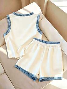 Franclia [Denim Effect] 女款夏季休閒運動街頭風拼色滾邊背心短褲兩件套 白色與藍色度假慢跑套裝 - 彩色 - 查看 8