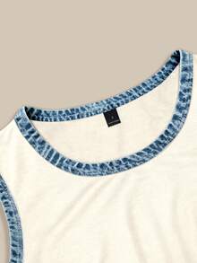Franclia [Denim Effect] 女款夏季休閒運動街頭風拼色滾邊背心短褲兩件套 白色與藍色度假慢跑套裝 - 彩色 - 查看 3