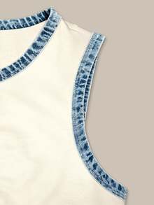 Franclia [Denim Effect] 女款夏季休閒運動街頭風拼色滾邊背心短褲兩件套 白色與藍色度假慢跑套裝 - 彩色 - 查看 4