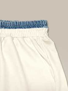 Franclia [Denim Effect] 女款夏季休閒運動街頭風拼色滾邊背心短褲兩件套 白色與藍色度假慢跑套裝 - 彩色 - 查看 6