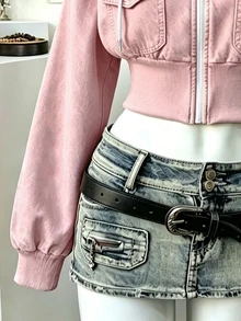 Lalippa [Denim Effect] 女款連帽優雅短版運動衫，粉色連帽長袖運動衫，適合戶外購物、日常穿著、旅行，秋冬風格 - 彩色 - 查看 4