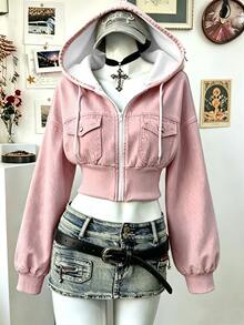 Lalippa [Denim Effect] 女款連帽優雅短版運動衫，粉色連帽長袖運動衫，適合戶外購物、日常穿著、旅行，秋冬風格 - 彩色 - 查看 1