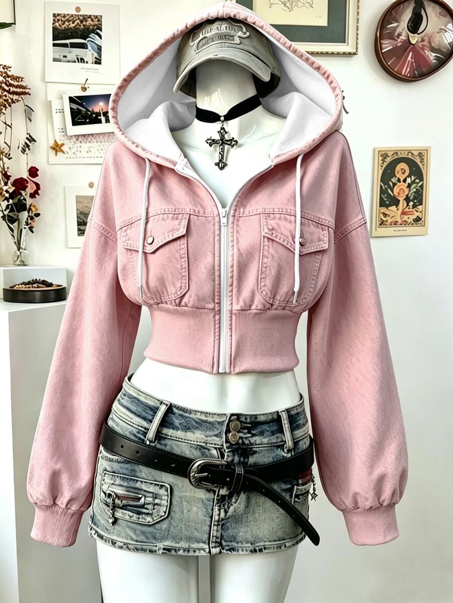 Lalippa [Denim Effect] 女款連帽優雅短版運動衫，粉色連帽長袖運動衫，適合戶外購物、日常穿著、旅行，秋冬風格 - 彩色 - 查看 1
