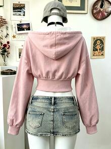 Lalippa [Denim Effect] 女款連帽優雅短版運動衫，粉色連帽長袖運動衫，適合戶外購物、日常穿著、旅行，秋冬風格 - 彩色 - 查看 5