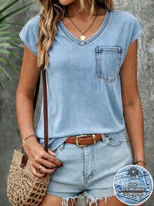 SHEIN Holidaya [Denim Effect] 女款 V 領短袖夏季 T 恤，時尚百搭淺藍色上衣，適合攝影街拍、購物 - 彩色 - 查看 1