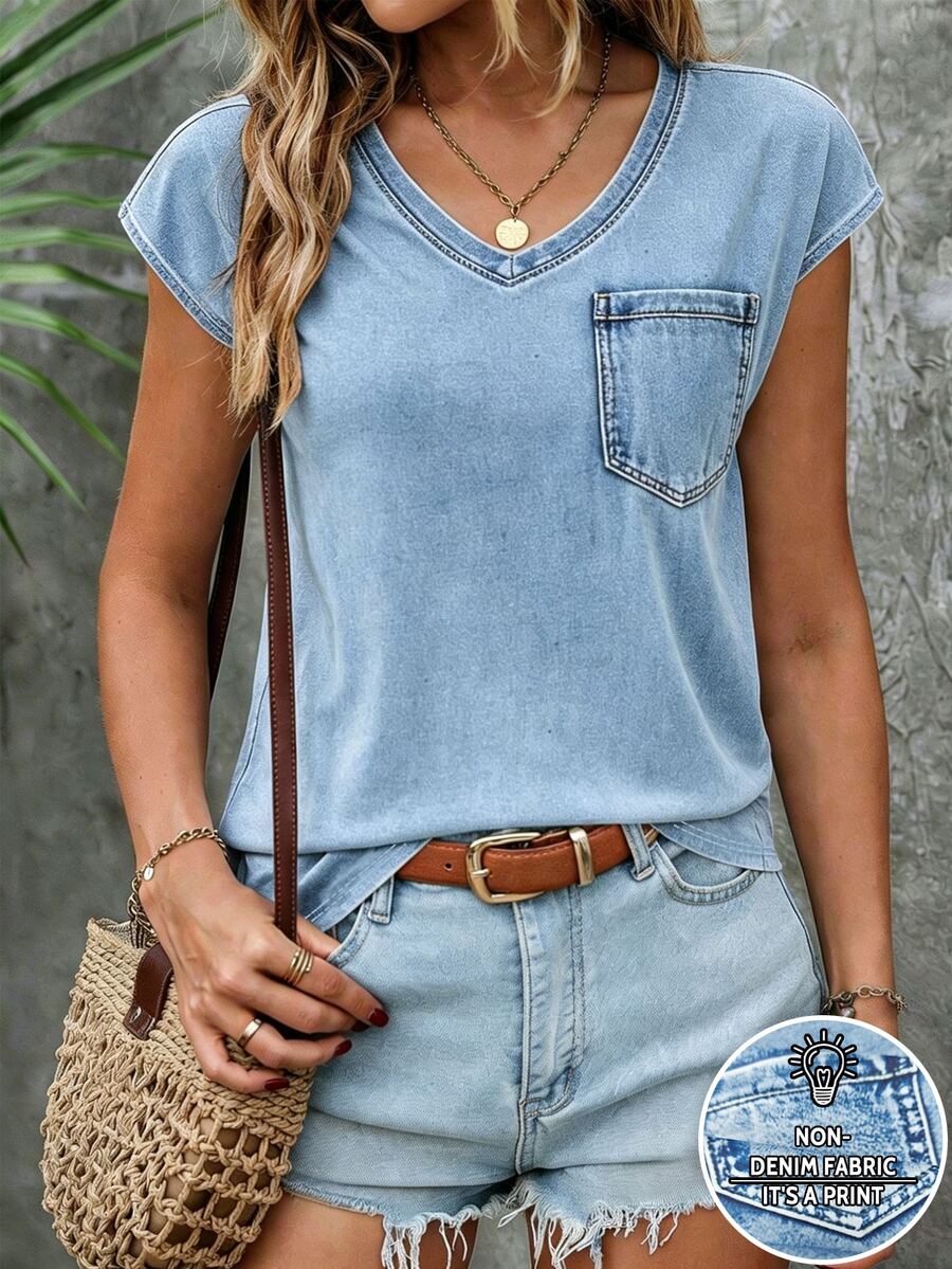 SHEIN Holidaya [Denim Effect] 女款 V 領短袖夏季 T 恤，時尚百搭淺藍色上衣，適合攝影街拍、購物 - 彩色 - 查看 1