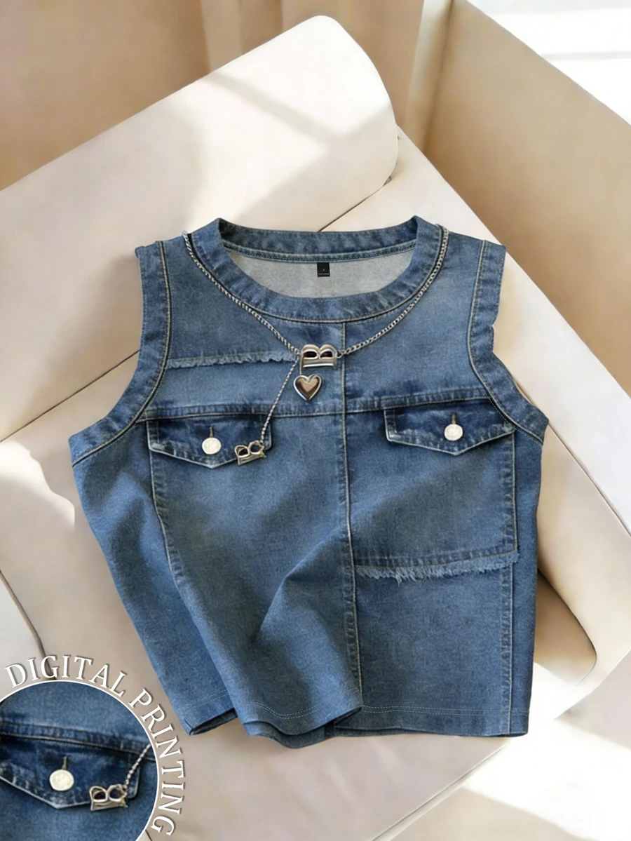 Resyla [Denim Effect] Women's Casual Sleeveless Crew Neck Top With ...