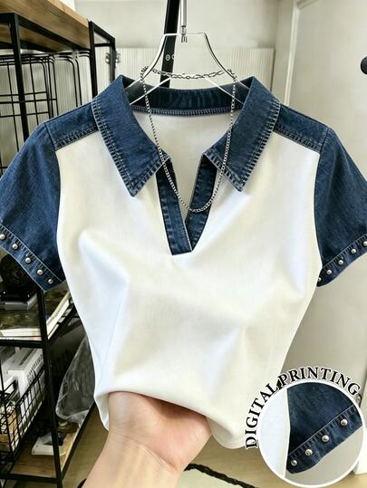 Resyla [Denim Effect] Hot-Selling Recommended, American Vintage Patchwork Rivet V-Neck Collar Plus Size Women's Short Sleeve T-Shirt, Casual Wear For Daily Shopping, Dating, School, Versatile, Personalized, Eye-Catching, Youthful