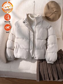 Tween Girl Thickened 3D Textured Fabric Warm Zip-Up Hooded Jacket Cool Modest Cute Winter Long Sleeve Y2K Padded Coat School Club Off-White - White - View 3