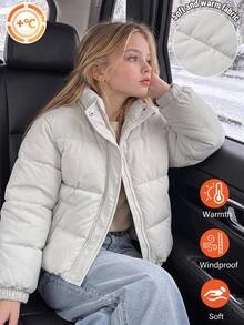 Tween Girl Thickened 3D Textured Fabric Warm Zip-Up Hooded Jacket Cool Modest Cute Winter Long Sleeve Y2K Padded Coat School Club Off-White - White - View 7