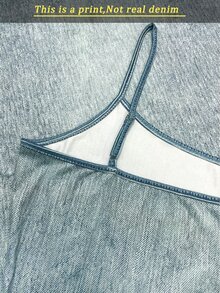 Resyla [Denim Effect] 新品熱銷丹寧效果印花女款修身細肩帶迷你洋裝 - 藍色 - 查看 3