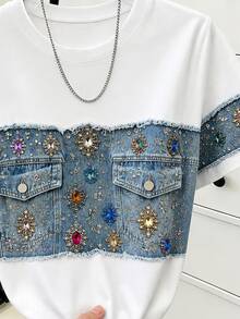 Resyla [Denim Effect] Women's Heavy Embellished Colorful Rhinestone & Gemstone Print Patchwork Short Sleeve T-Shirt, Print Raw Edge Contrast Color Faux Pocket Crew Neck Loose Top - Multicolor - View 3