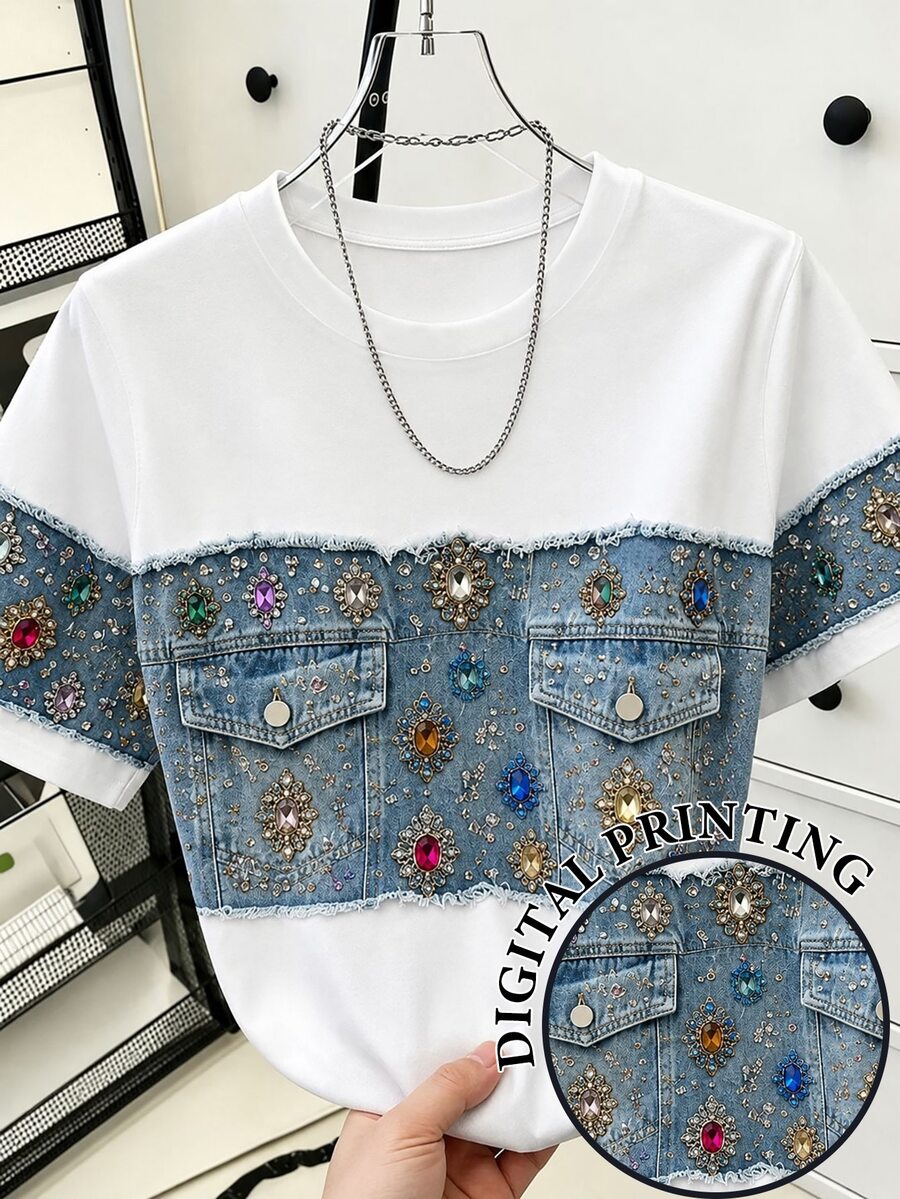 Resyla [Denim Effect] Women's Heavy Embellished Colorful Rhinestone & Gemstone Print Patchwork Short Sleeve T-Shirt, Print Raw Edge Contrast Color Faux Pocket Crew Neck Loose Top - Multicolor - View 1