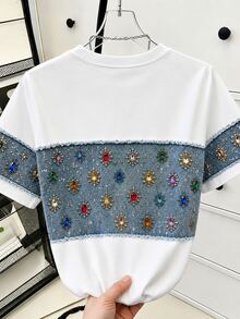 Resyla [Denim Effect] Women's Heavy Embellished Colorful Rhinestone & Gemstone Print Patchwork Short Sleeve T-Shirt, Print Raw Edge Contrast Color Faux Pocket Crew Neck Loose Top - Multicolor - View 5