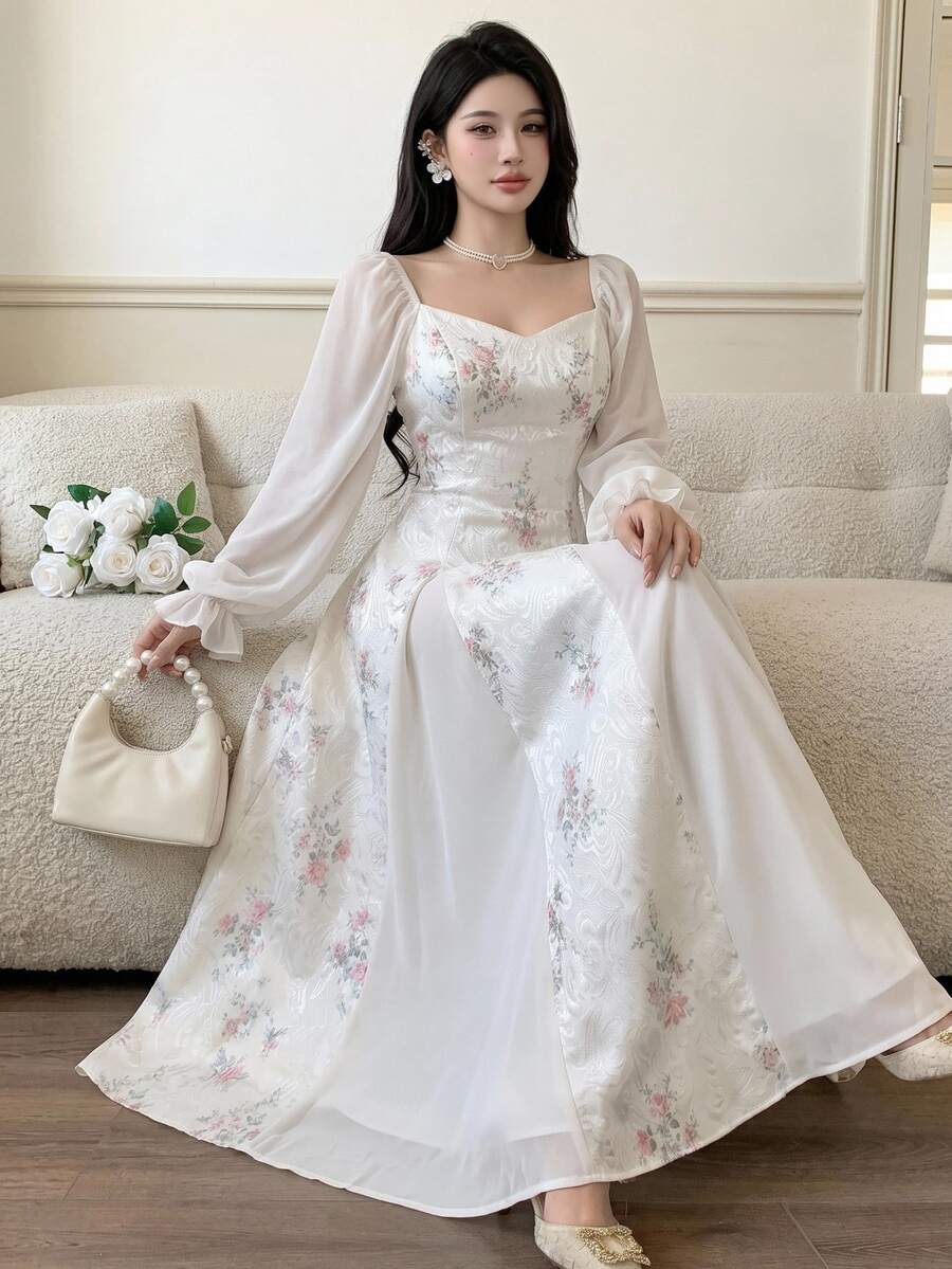 Feyla Elegant Printed Flare Sleeve Women Dress Long Floral Tea Party Valentine's Day Holiday Outfits Spring Summer Outfit