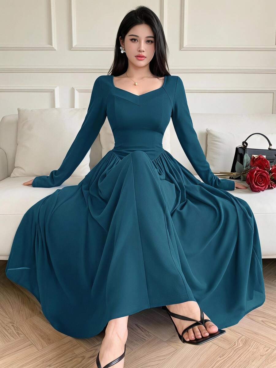Feyla Elegant A-Line Waist Cinched Long Sleeve Solid Color Dress For Women