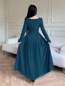 Feyla Elegant A-Line Waist Cinched Long Sleeve Solid Color Dress For Women - Teal Blue - View 7