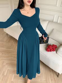 Feyla Elegant A-Line Waist Cinched Long Sleeve Solid Color Dress For Women - Teal Blue - View 5