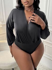 Veslaya Plus Size Elegant Cross V-Neck Satin Bodysuit For Commuting - Black - View 5