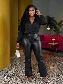 Veslaya Plus Size Elegant Cross V-Neck Satin Bodysuit For Commuting - Black - View 1