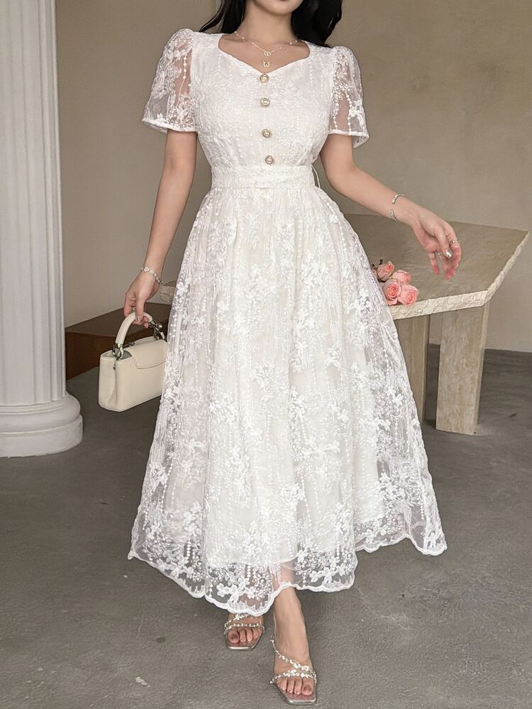 Feyla Elegant Vacation Embroidered Dress For Women Tea Party White Summer - White - View 6