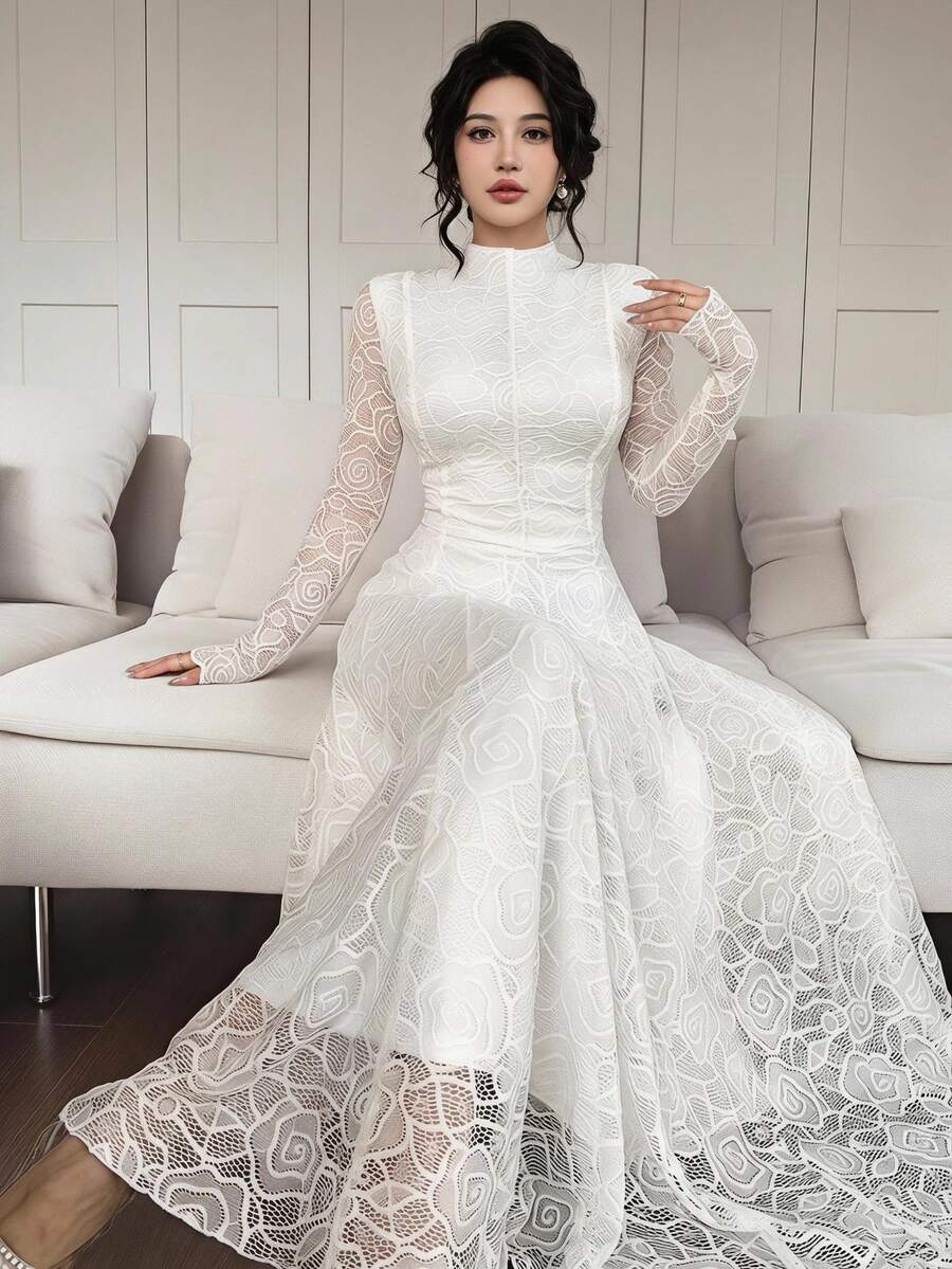 Feyla Elegant Casual Romantic White Floral Lace Long Dress For Women Wedding Dinner Party Formal Mother Of The Bride Autumn