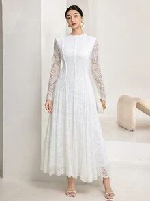 Feyla Elegant Casual Romantic White Floral Lace Long Dress For Women Wedding Dinner Party Formal Mother Of The Bride Autumn - White - View 5