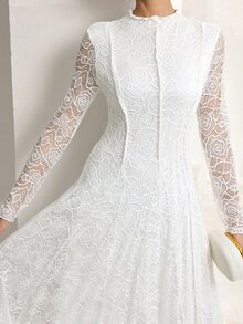 Feyla Elegant Casual Romantic White Floral Lace Long Dress For Women Wedding Dinner Party Formal Mother Of The Bride Autumn - White - View 3