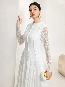 Feyla Elegant Casual Romantic White Floral Lace Long Dress For Women Wedding Dinner Party Formal Mother Of The Bride Autumn - White - View 6