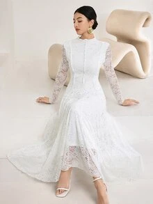 Feyla Elegant Casual Romantic White Floral Lace Long Dress For Women Wedding Dinner Party Formal Mother Of The Bride Autumn - White - View 7