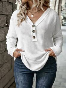 SHEIN LUNE New Fashion Casual V-Neck Button Long Sleeve Color T-Shirt For Women Fall - White - View 5