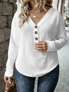 SHEIN LUNE New Fashion Casual V-Neck Button Long Sleeve Color T-Shirt For Women Fall - White - View 3