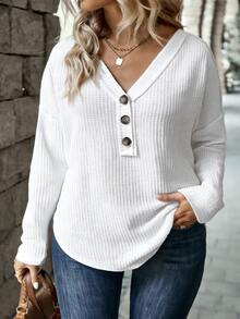 SHEIN LUNE New Fashion Casual V-Neck Button Long Sleeve Color T-Shirt For Women Fall - White - View 4