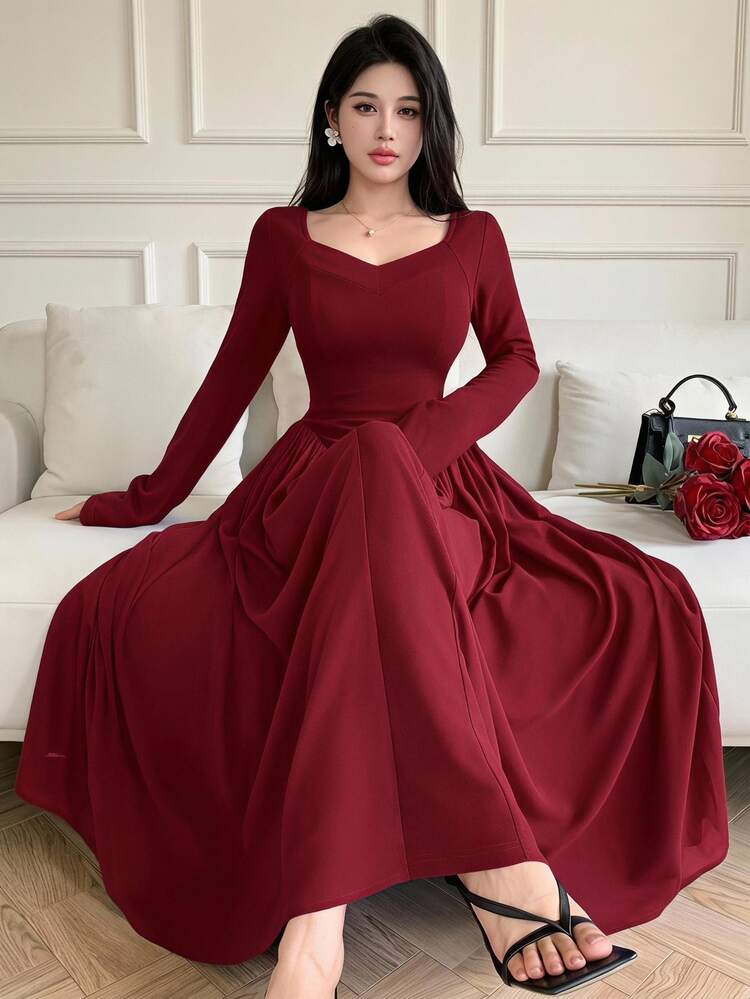 Feyla Women's Elegant Ruched Waist A-Line Dress,Fall Dresses For Women - Burgundy - View 1